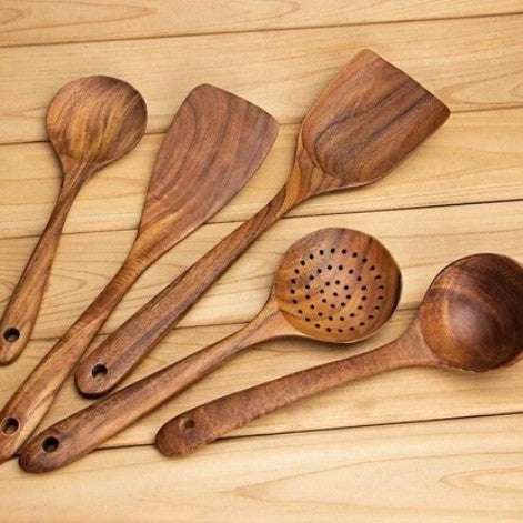Teak kitchen spoon and ladle set natural wood finish