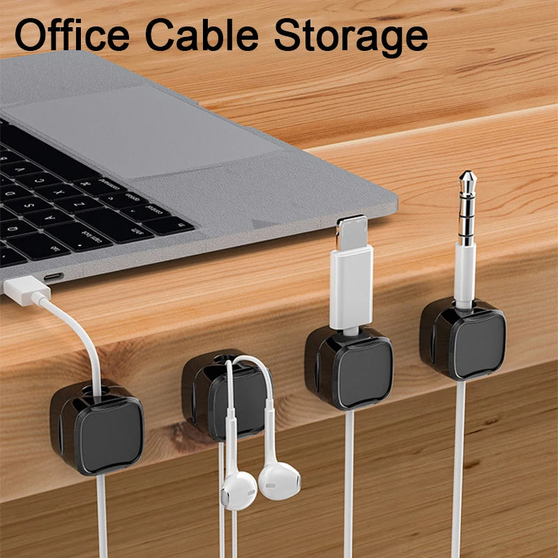 Magnetic Cable Clip – Under Desk Cable Management Organizer shown holding USB, Lightning, and Type-C cables securely in sleek black holders.