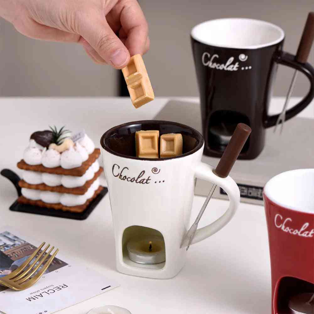 White Fondue Mug Set – Personal Mini Chocolate Fondue Pot being used to melt chocolate pieces, ideal for home dessert dipping.
