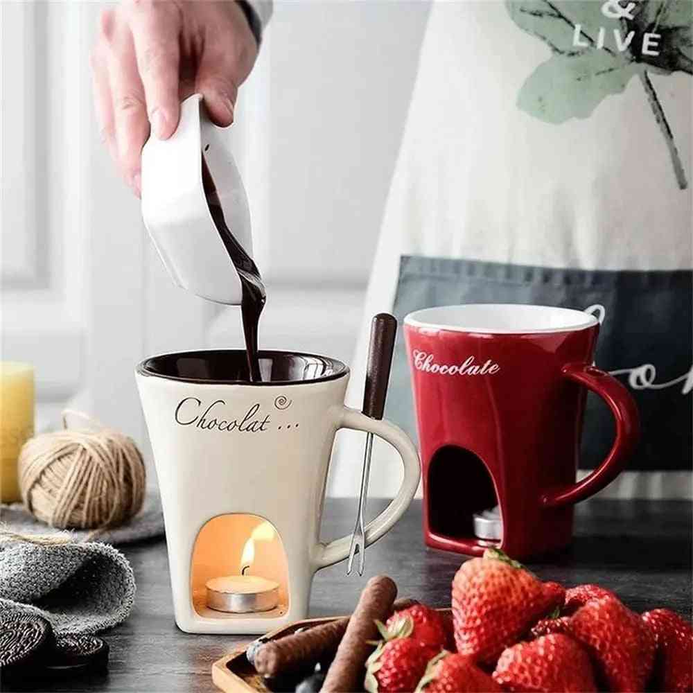 Fondue Mug Set – Personal Mini Chocolate Fondue Pot for Home with ceramic mugs and tealight candle, perfect for dipping strawberries and snacks.