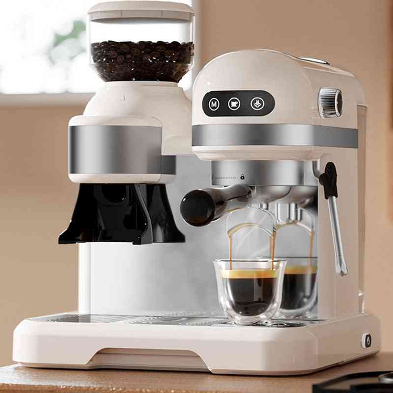 Semi Automatic Coffee Maker – Small Home Espresso Machine with dual spouts and built-in grinder, ideal for compact kitchens and daily brewing.