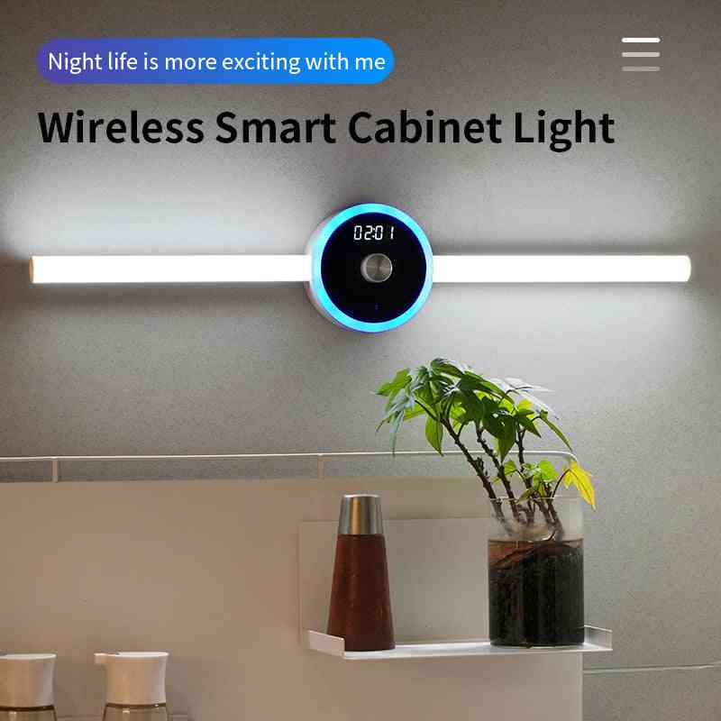 Wireless Smart Cabinet Light with LED clock and motion sensor, perfect for modern kitchen or home decor lighting solutions.