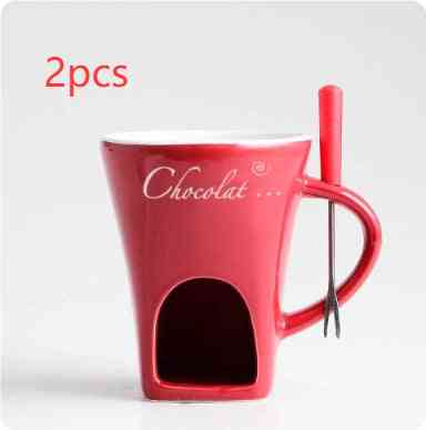 2-piece red Fondue Mug Set – Personal Mini Chocolate Fondue Pots with forks, ideal for home use and dessert dipping.