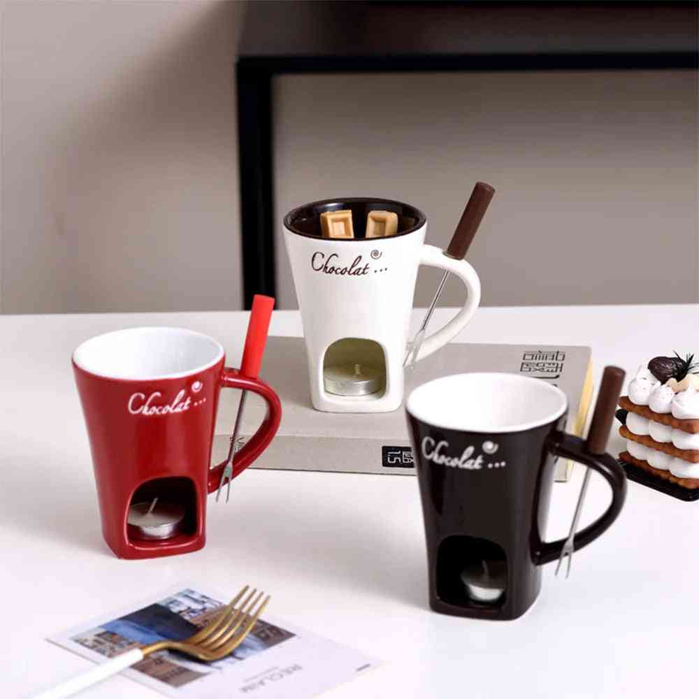 Three-piece Fondue Mug Set – Personal Mini Chocolate Fondue Pots in red, white, and brown with tealight slots and forks for home use.
