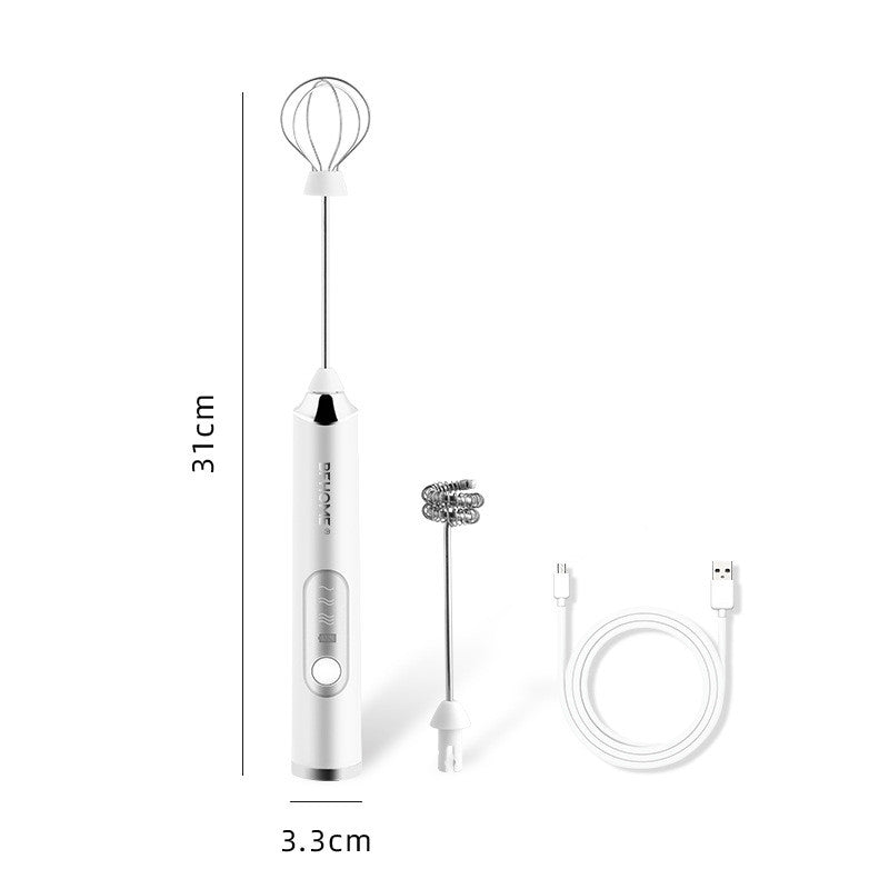 Electric Milk Foam Maker – Portable Coffee Frother for Creamy Foam shown frothing milk in a white jug with a sleek black and silver design. Ideal for lattes, cappuccinos, and hot chocolate preparation